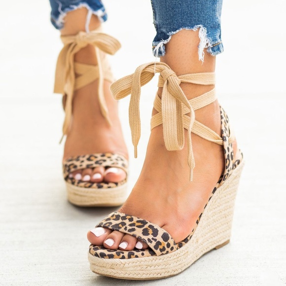 SZ 10 Cheetah Ankle Wrap Espadrille Wedge Sandals - Picture 7 of 8